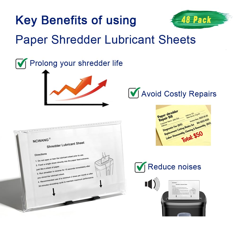 48PACK Paper Shredder Lubricant Sheets with Shredder Oil for Shredder lubricating and Clean, Sharpens Shredder Blades and Reduce dust