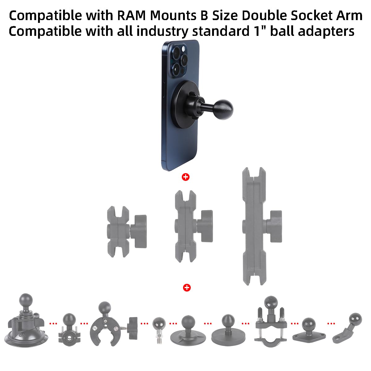 Super Magnetic Cell Phone Holder Base with 1" Ball for MagSafe iPhone 17 16 15 14 13 Series,Compatible with RAM mounts and Other B Size Ball Double
