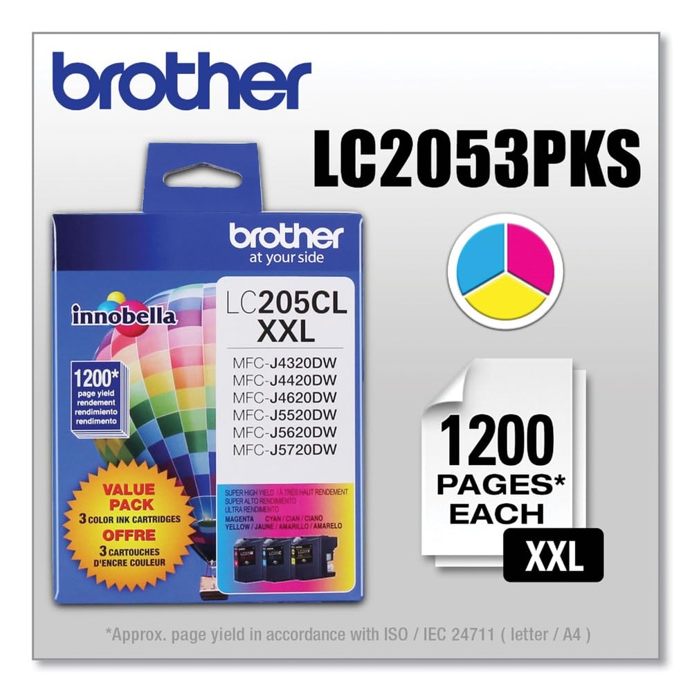 Brother LC205 Innobella Super High-Yield XXL 3-Color Ink Cartridges Set, 1200 Pages Yield/Cartridge, Cyan, Magenta & Yellow