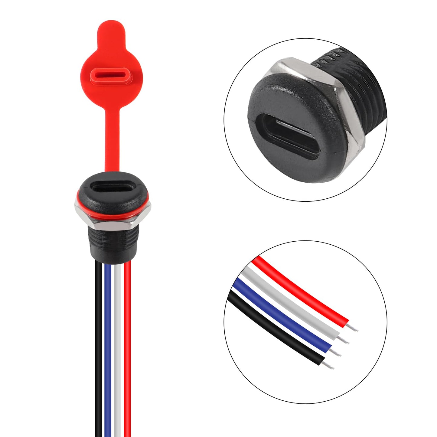 5Pcs 4Pin Charging Socket Female Mount Connector Adapter USB Type-C Port Charging Interface Socket Female Type C 3A with Waterproof Cover Cap Jack