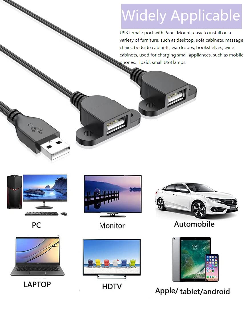 Guo USB Charging Extension Cable Male to Dual Female, USB 2.0 Charging Port 1 to 2 Panel Mount with Screw Hole, Used for Furniture/Mobile