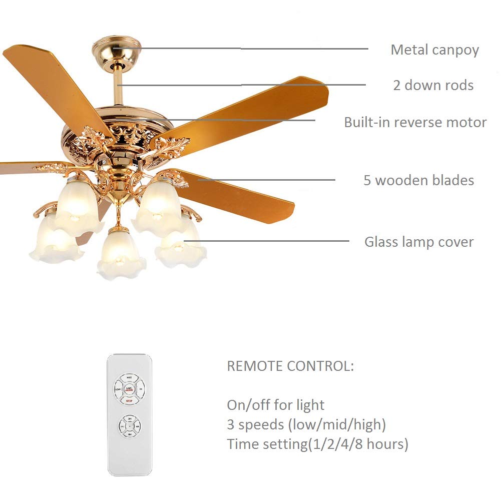 52 Inch Gold Ceiling Fan with LED Light and Remote Control,Creative Design Chandelier Fan Light with 5 Wood Reversible Blades 5 Frosted Glass