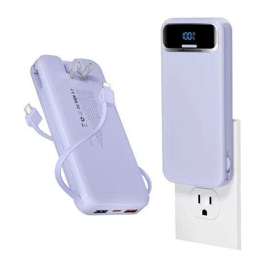 aonidi Portable Charger 12000mAh with Built-in Cables&AC Wall Plug, Purple