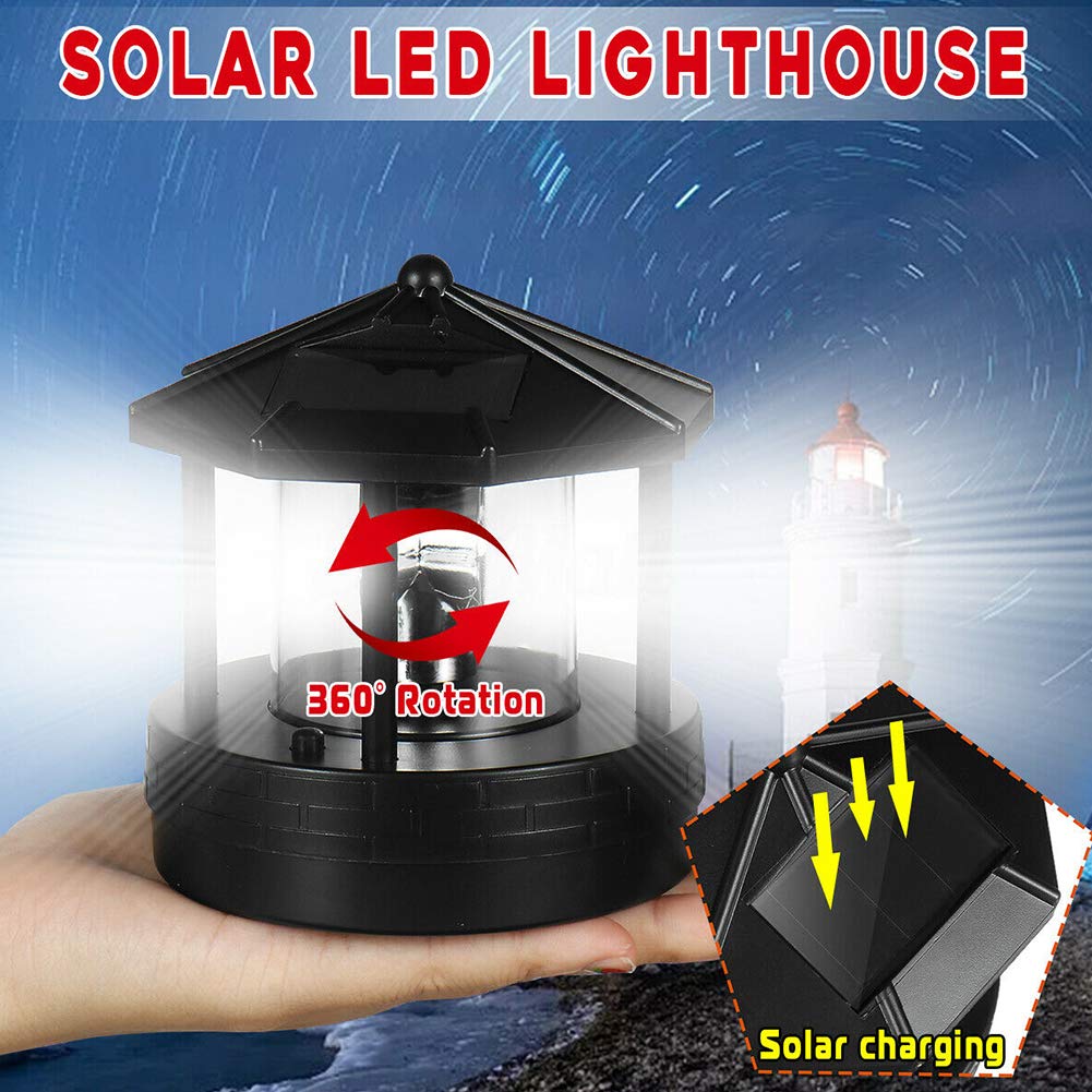 Solar Powered Lighthouse Garden Light,4.13 x 4.33 in, 360° Rotating LED Beacon, IP44 Waterproof Outdoor Decor Statue for Yard, Lawn, Patio, Balcony