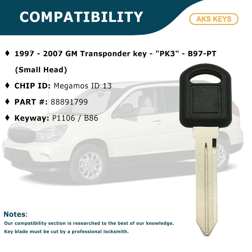 AKS Keys New Replacement for GM Uncut Blank Chipped Transponder Key - PK3 B97 Small Head Chip Megamos ID 13 Keyway P1106 - B86 Compatible