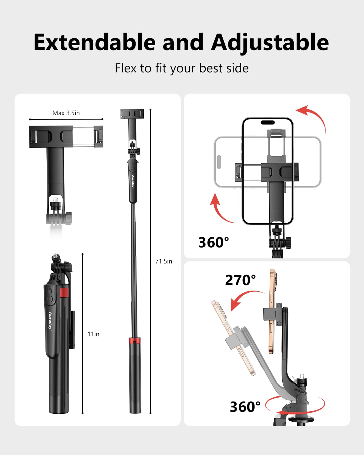 Aureday 72" Phone Tripod and Selfie Stick, Cell Phone Tripod Stand with Wireless Remote & Extendable Phone Mount for Travel/Selfie/Recording/Vlogging