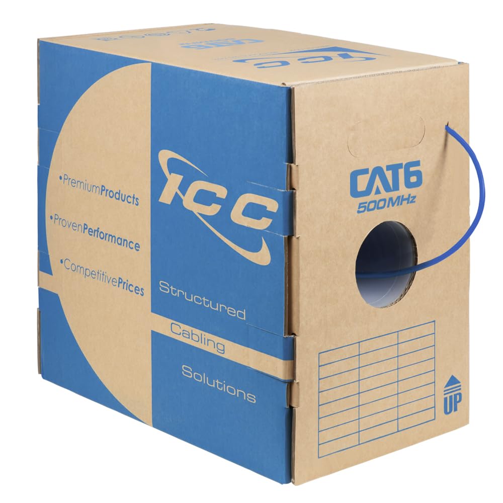 ICC Cat6 CMR Riser 1000ft - UTP 23AWG, 100% Solid Pure Copper, Unshielded, Bulk Ethernet Cable, PoE++, 500MHz, Reelex Pull Box, UL Certified, RoHS