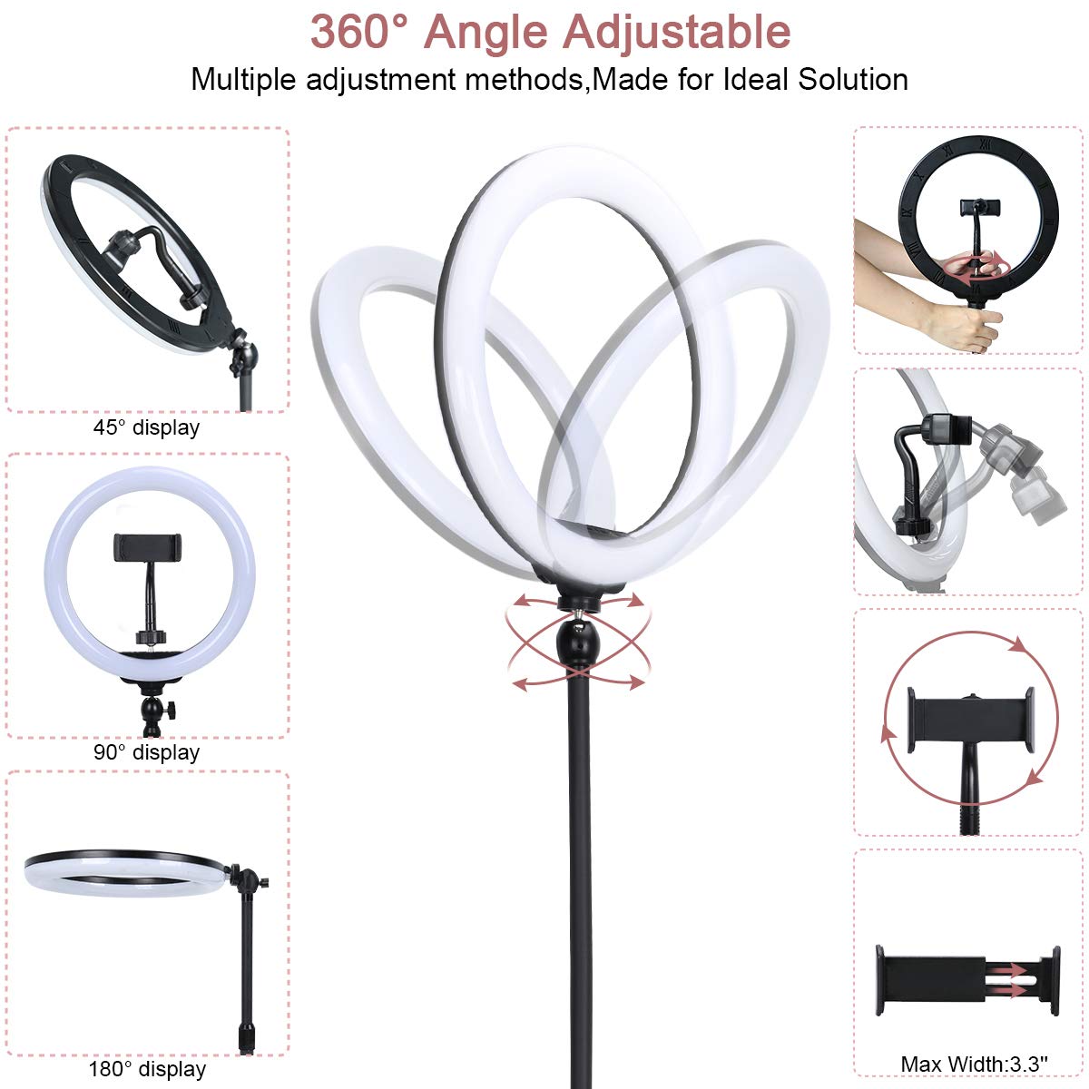 Xeneo 10" Desktop Selfie Ring Light with Stand and Phone Holder for iPhone Android, 3 Light Modes Dimmable LED Ringlight for YouTube/Video