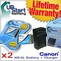 Upstart Battery 2X Pack - NB-6L Replacement Battery + Charger for Canon IXUS 85 95 105 200 210 IXY 110 25 PowerShot SD1200 SD1300 SD3500 SD770 D10 S90