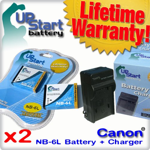 Upstart Battery 2X Pack - NB-6L Replacement Battery + Charger for Canon IXUS 85 95 105 200 210 IXY 110 25 PowerShot SD1200 SD1300 SD3500 SD770 D10 S90