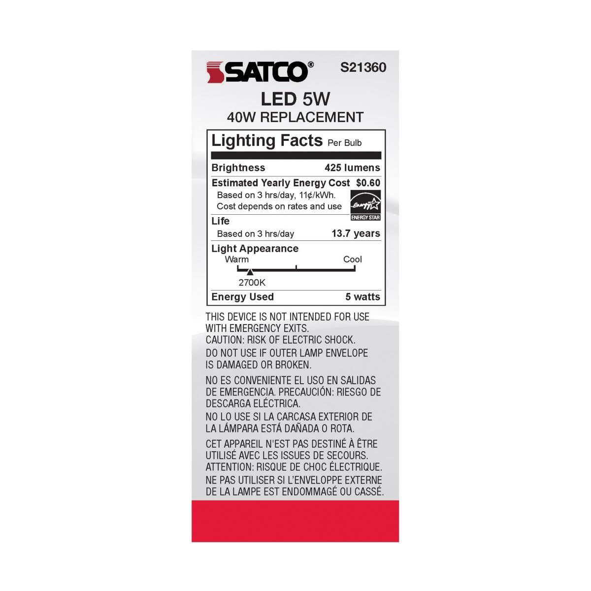 Satco S21360 5-Watt ST19 LED Filament Light Bulbs, Clear, 2700K Warm White, 425 Lumen, Dimmable, E26 Medium Base, Dimmable, Wet Location, 6 Pack