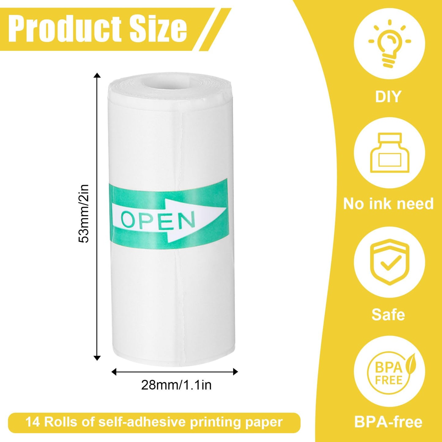 14Rolls Thermal Sticker Paper for Mini Printer Sticker Maker,53 X 28mm,Self-Adhesive Mini Thermal Printer Paper,White Portable Thermals Labels