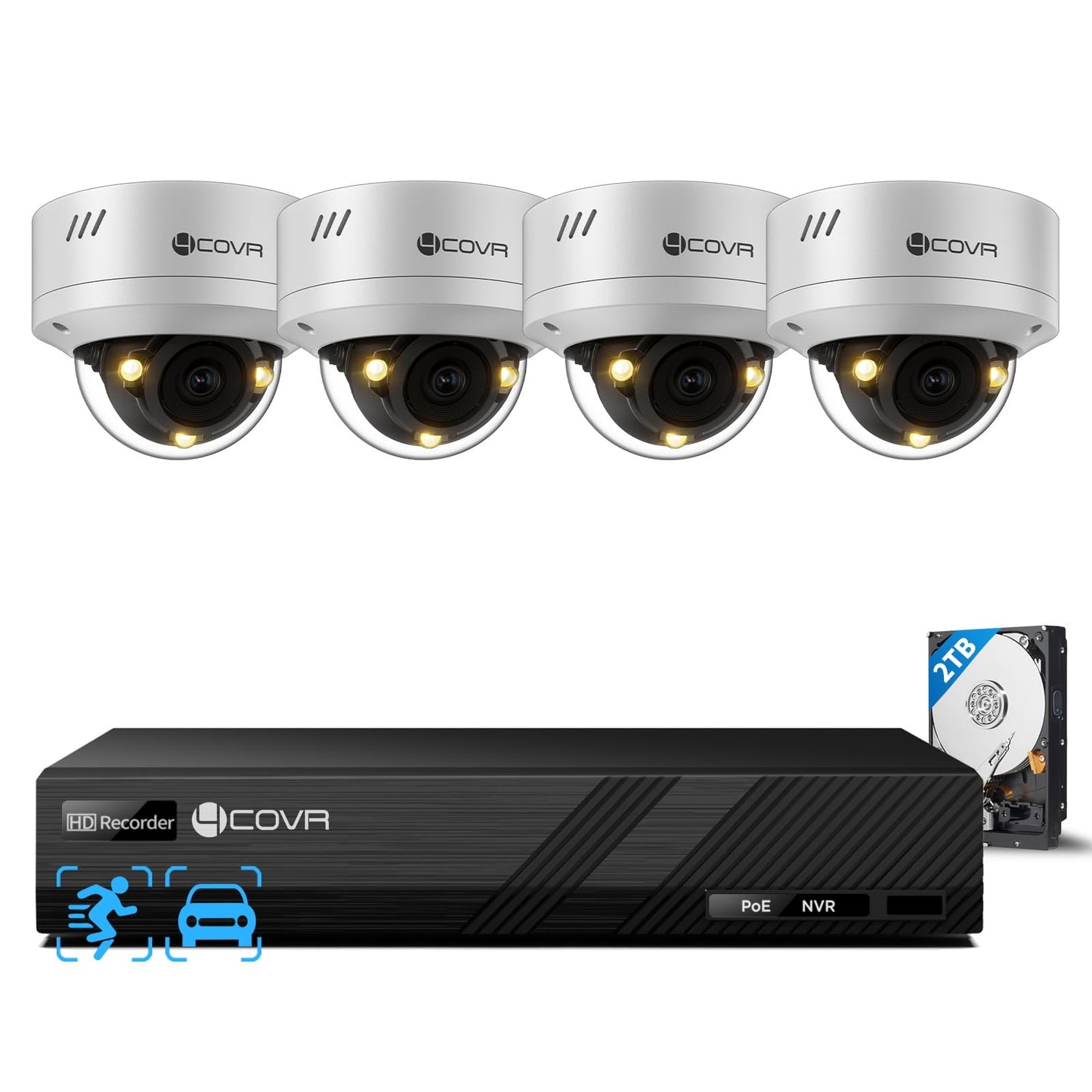 4COVR PoE Security Camera System 5MP, 8CH NVR & 2TB HDD, 4X Dome IP Cameras, Smart Color Night Vision & Two-Way Audio, AI Person/Vehicle Detection