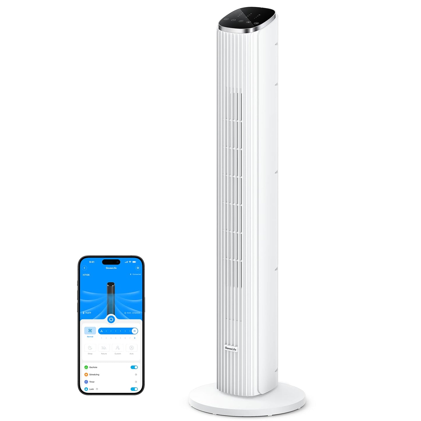 GoveeLife 36 in. White Tower Fan for Bedroom, 5 Modes 8 Speeds up to 25ft/s