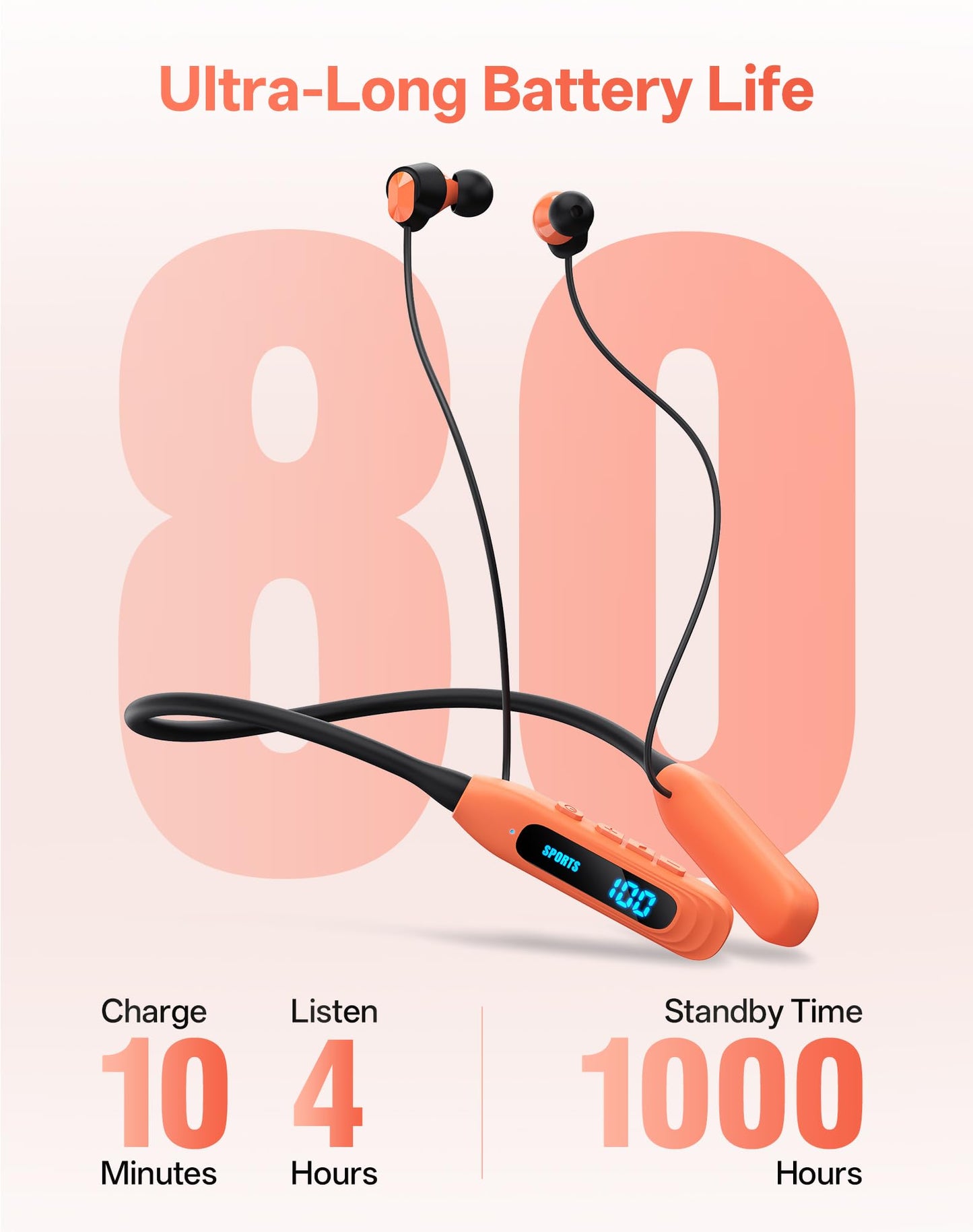 JL&MI Neckband Bluetooth Headphones, Wireless Sport Earphones with 80-Hour Battery and LED Display, Bluetooth 5.4 Magnetic Earbuds, Comfort Fit
