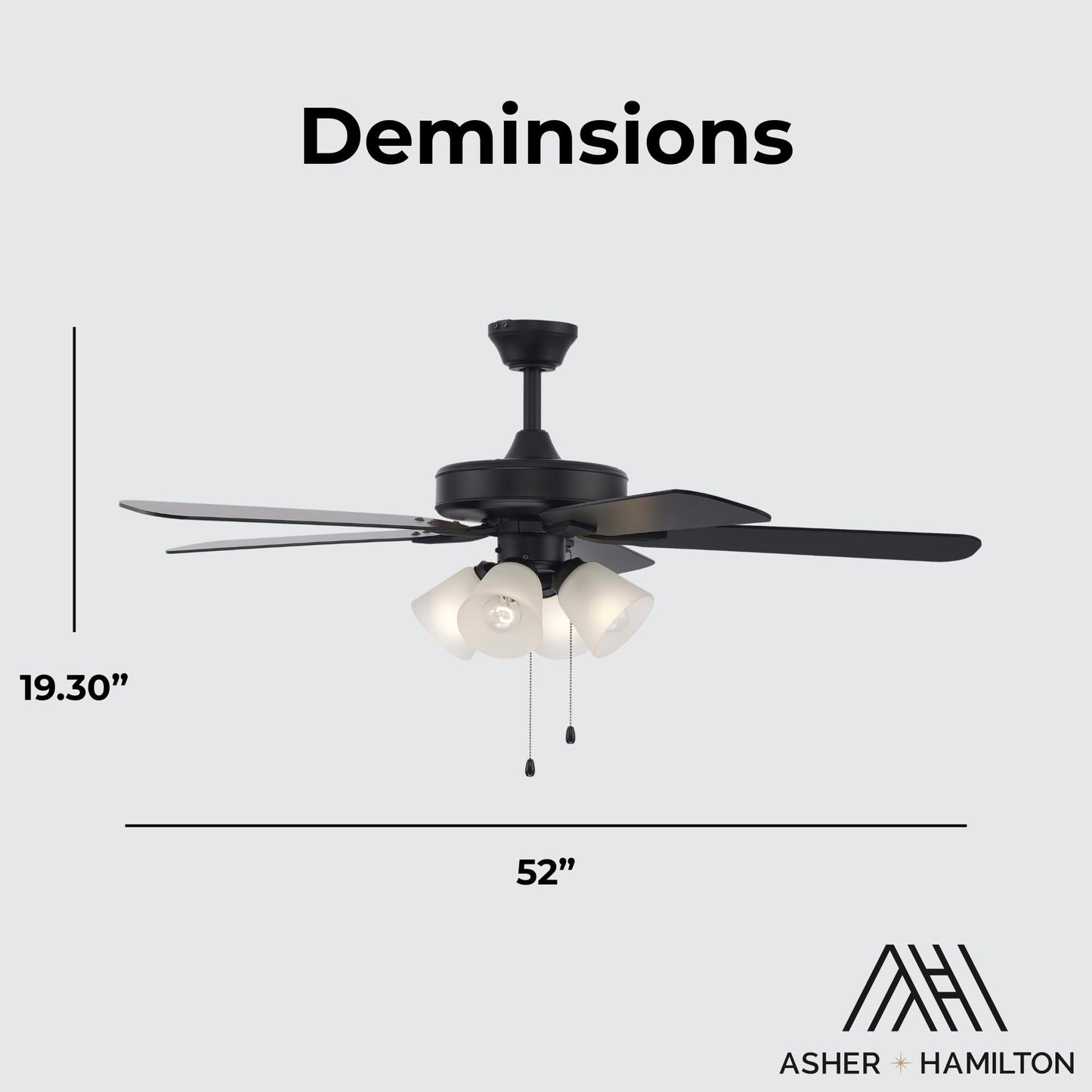 Asher Hamilton AHF-214BKFR Brookhaven 52 Inch Ceiling Fan | 5 Reversible Black/Walnut Blades | 4 Light Frosted Glass Shades E26 Medium Base |