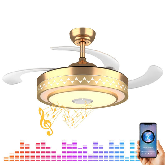 Retractable Blades Ceiling Fan with Lights and Bluetooth Speaker Dimmable Invisible Chandelier with Remote 7 Color Light Fandelier Ceiling Fan Light 6
