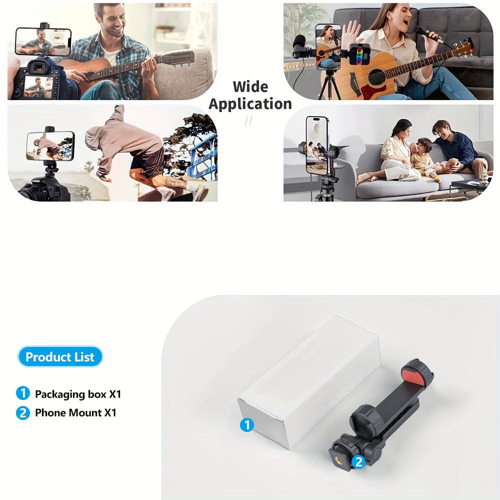 Dual Cold Shoe Phone Mount Holder - Universal Adjustable Smartphone Clamp with Dual Cold Shoe Mounts for Microphone & LED Light, 360° Rotating Ball