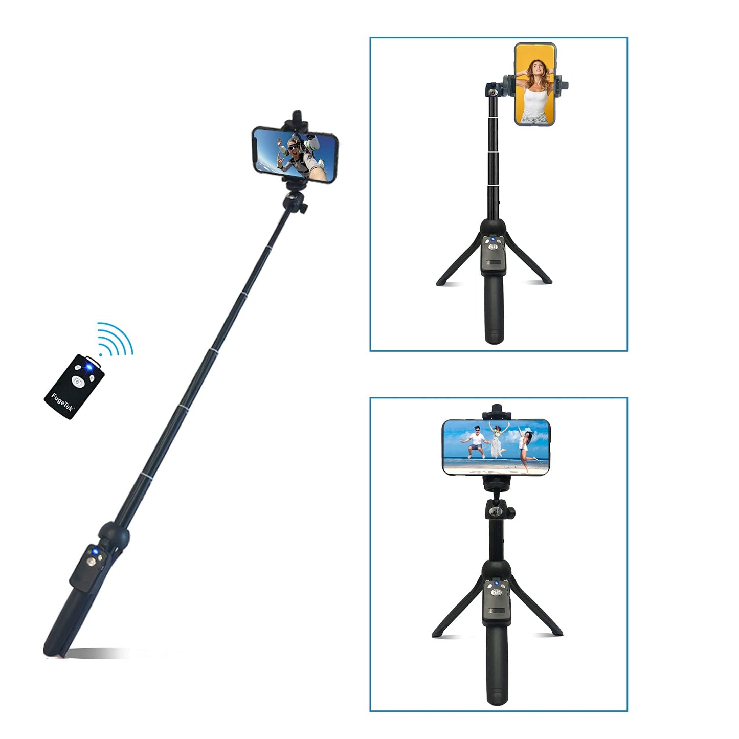 Fugetek 42" Compact Selfie Stick & Tripod, Extendable, Wireless Bluetooth Remote, Lightweight Aluminum, Travel Ready, Compatible with iPhone 14 13 12