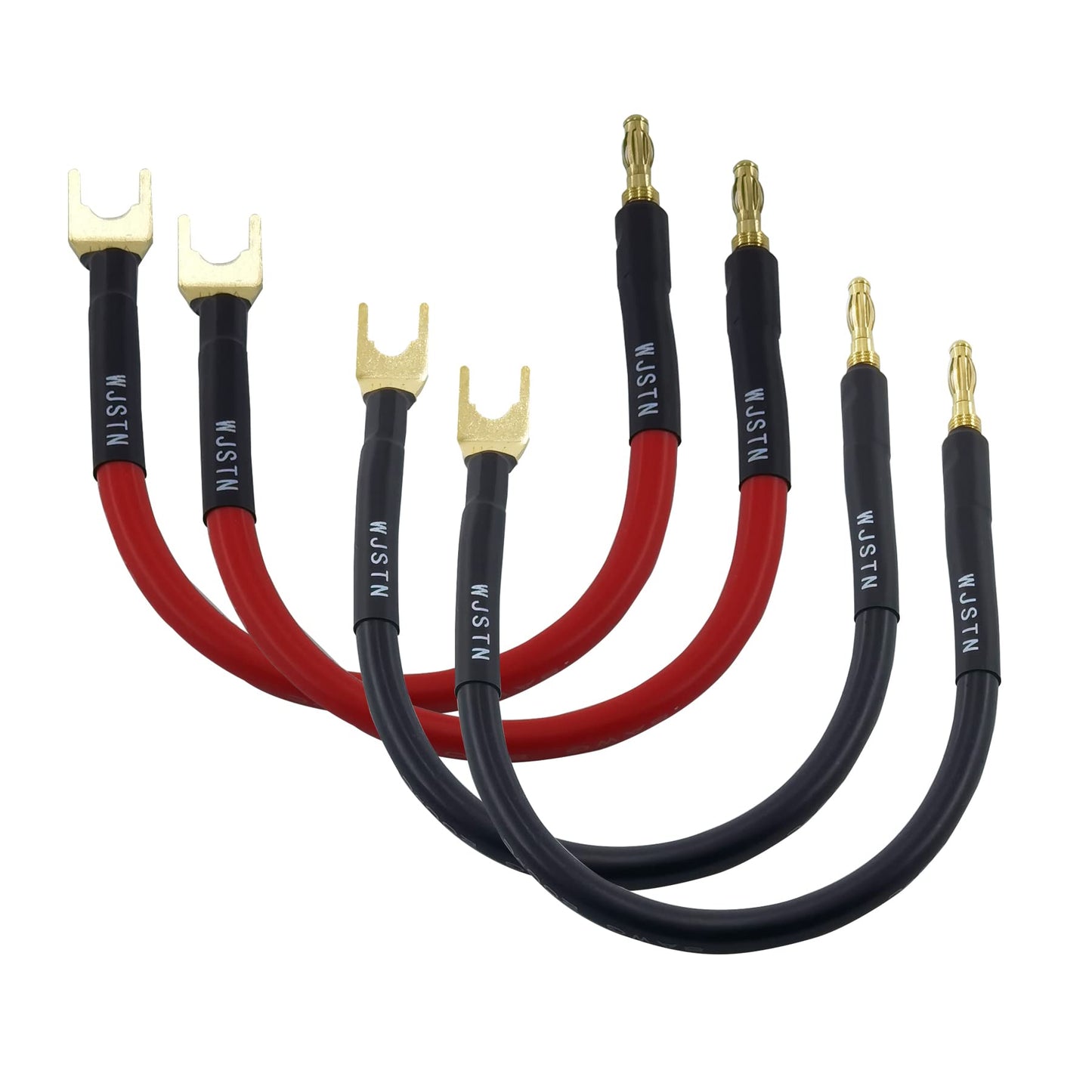 WJSTN 8 in HiFi Banana Plug to Spade Speaker Jumper, 45 Degree U Plug to Banana Plug Connection Cable-4 Pack
