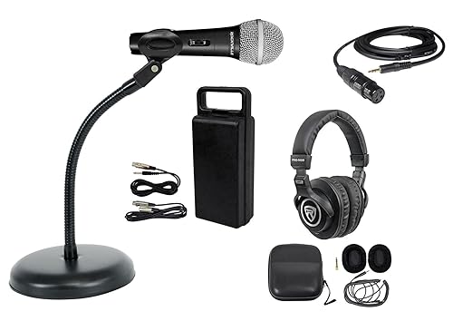 Rockville RMC-XLR Bundle: Handheld DJ Microphone, Two Cables, PRO-M50 Studio Headphones, Case, RDMS7 Desktop Mic Stand, 11.8 in Gooseneck, RXLR-AUX 10