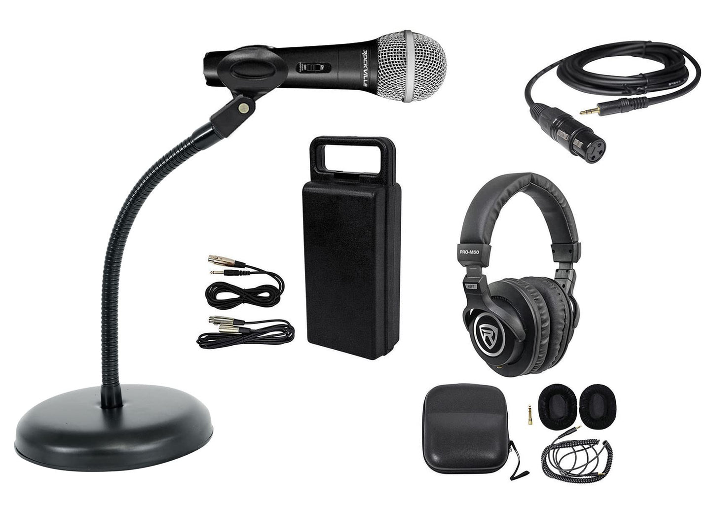 Rockville RMC-XLR Bundle: Handheld DJ Microphone, Two Cables, PRO-M50 Studio Headphones, Case, RDMS7 Desktop Mic Stand, 11.8 in Gooseneck, RXLR-AUX 10