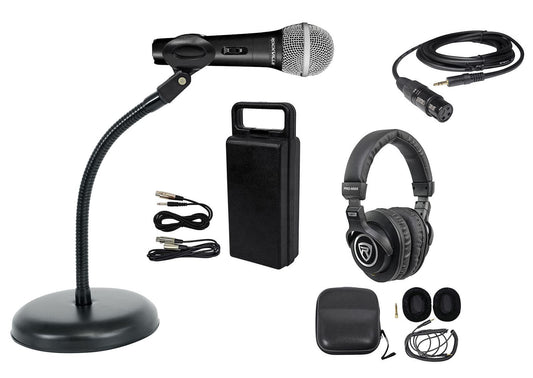 Rockville RMC-XLR Bundle: Handheld DJ Microphone, Two Cables, PRO-M50 Studio Headphones, Case, RDMS7 Desktop Mic Stand, 11.8 in Gooseneck, RXLR-AUX 10