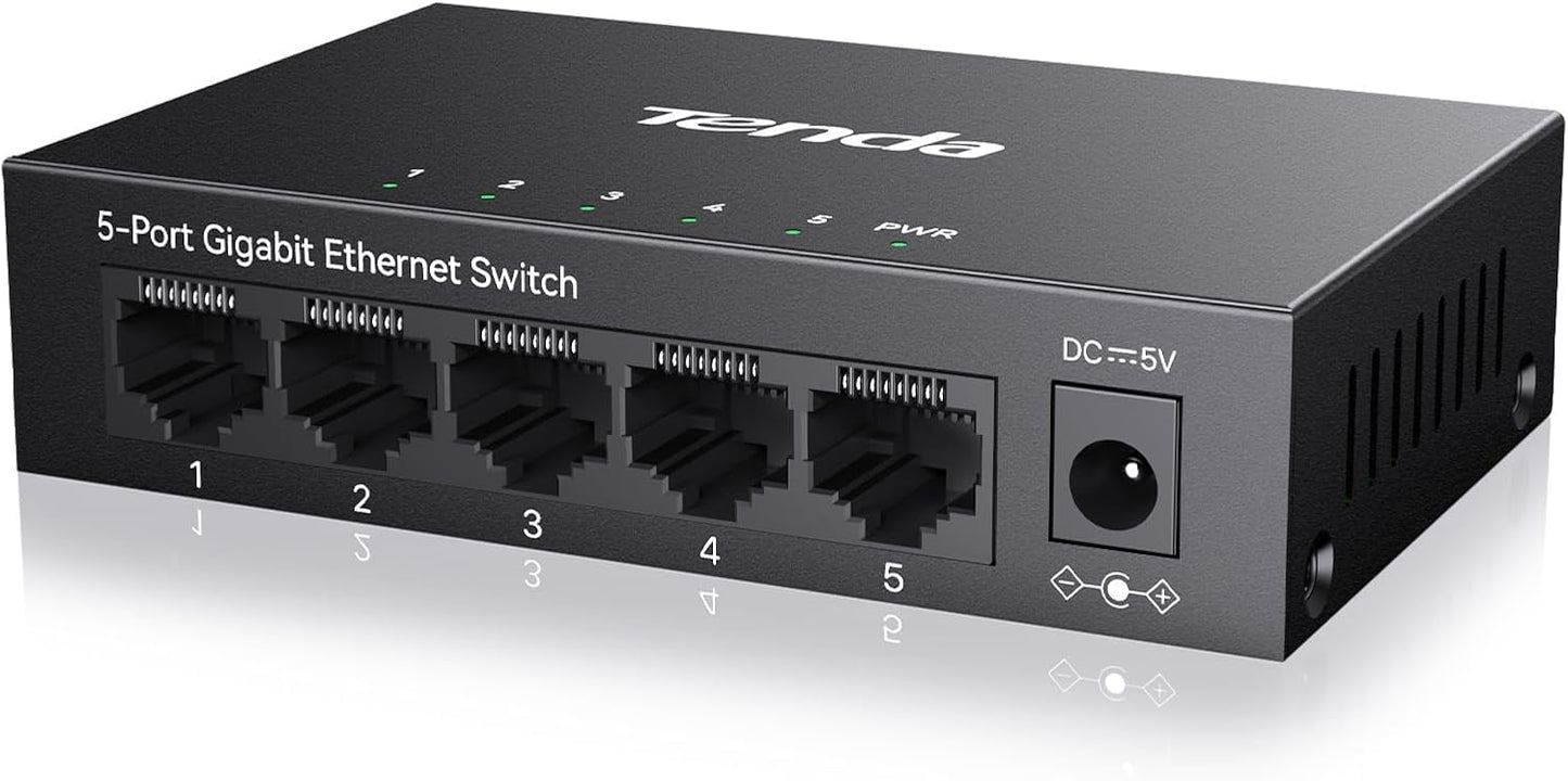 Tenda 5 Port Gigabit Switch, Unmanaged Ethernet Switch, Network Splitter with Traffic Optimization, Plug & Play, Fanless Metal Design Network Switch