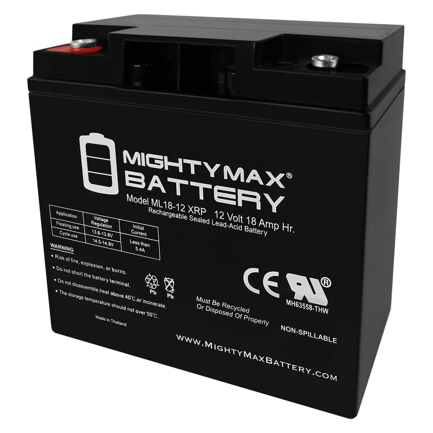 Mighty Max Battery ML18-12XRP - 12 Volt 18 AH, Internal Thread (INT) Terminal, Reverse Polarity, Rechargeable SLA AGM Battery