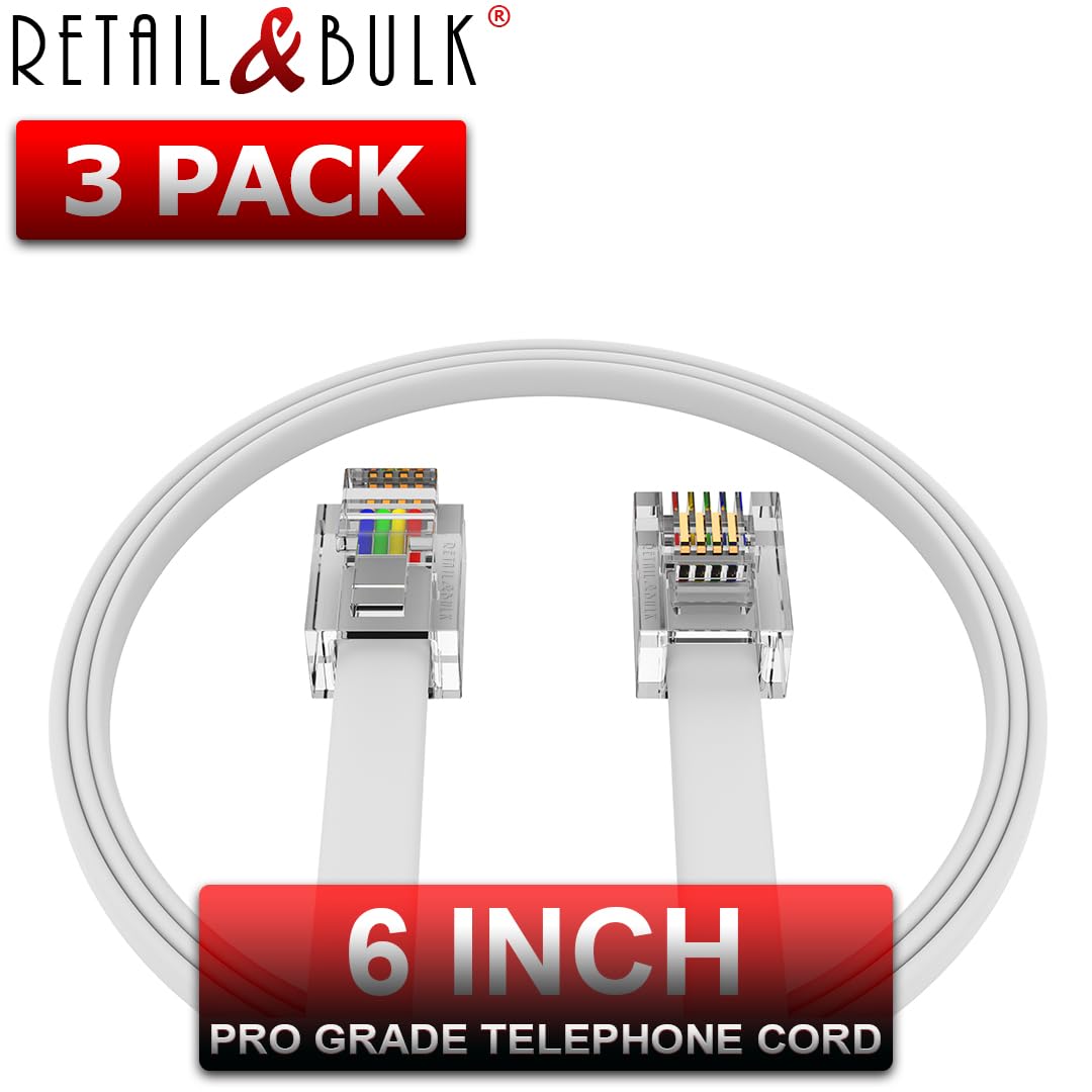 RetailAndBulk (3 Pack) 6 Inch Short Telephone Cable RJ11 Male to Male, 6P4C Phone Line Cord (6 Inches, White)
