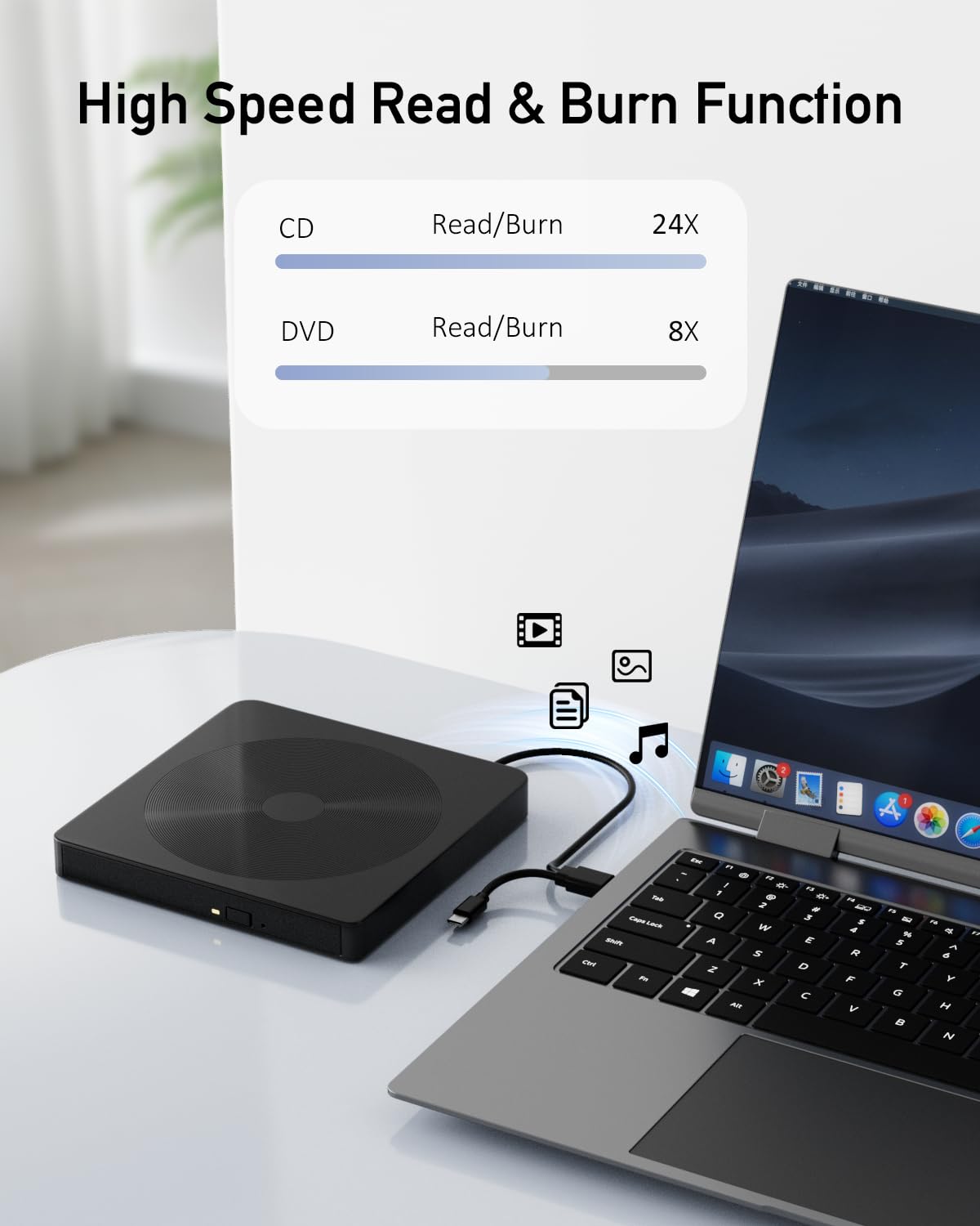 Alphami External CD/DVD Drive for Laptop - USB 3.0 & Type-C Portable DVD/CD Burner, Plug & Play Disc Reader, Slim Optical Drive Compatible
