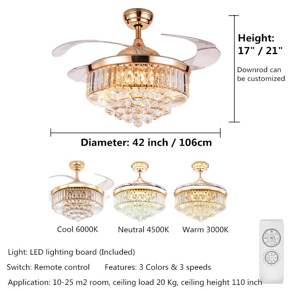 RuiWing Home 42" Crystal Fandelier Ceiling Fan with LED Light and Remote