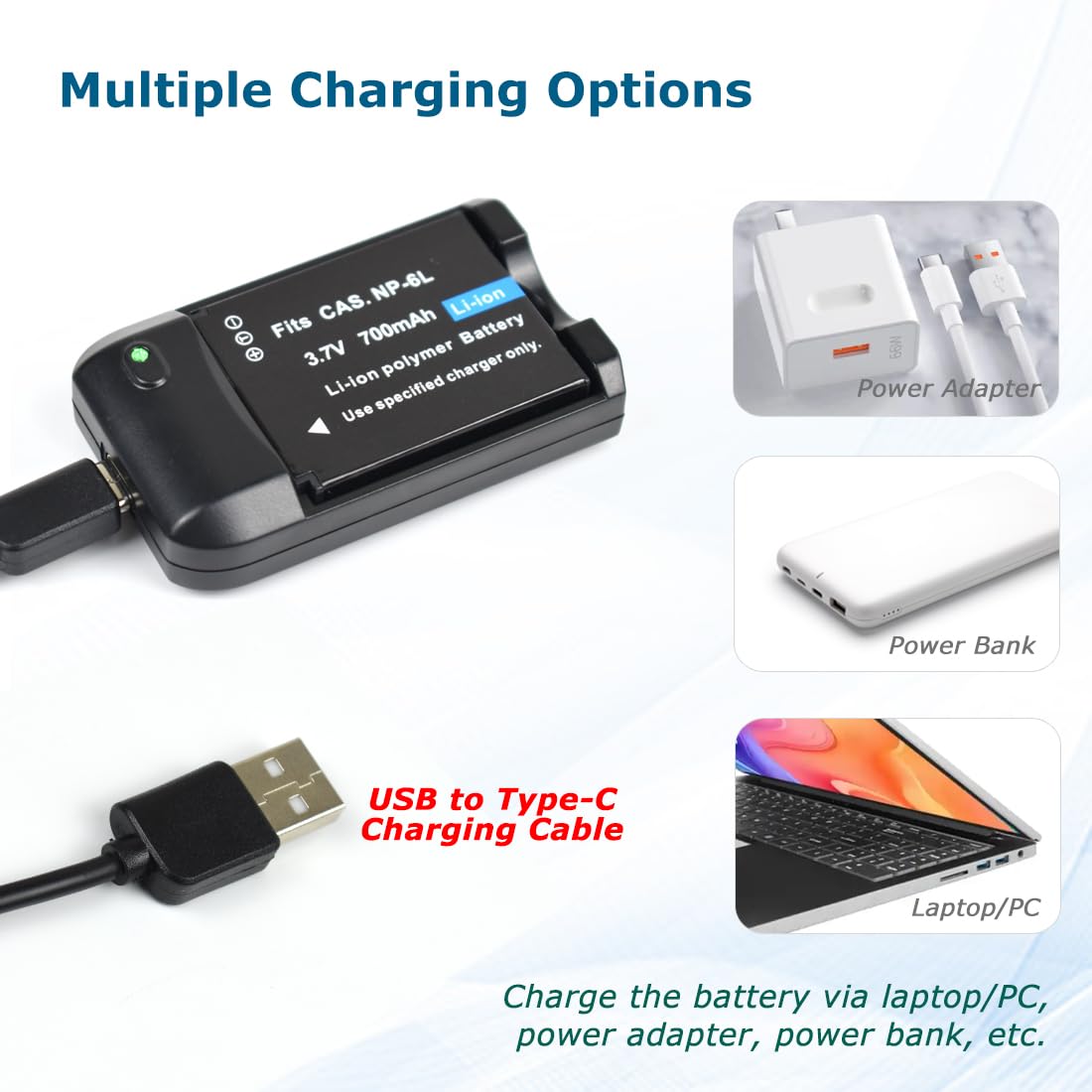 KOQINVIZ NP-6L Battery Charger + 2 pcs Rechargeable 3.7V 700mAh Batteries - Digital Camera Battery for CAS. NP-6L with Travel Charger and USB Charging