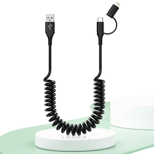 USB to USB-C and Lightning Cable 2 in 1 Support Apple Carplay & Android Auto [MFi Certified] 3A Fast Charge & Data Sync,Short Coiled Lightning…