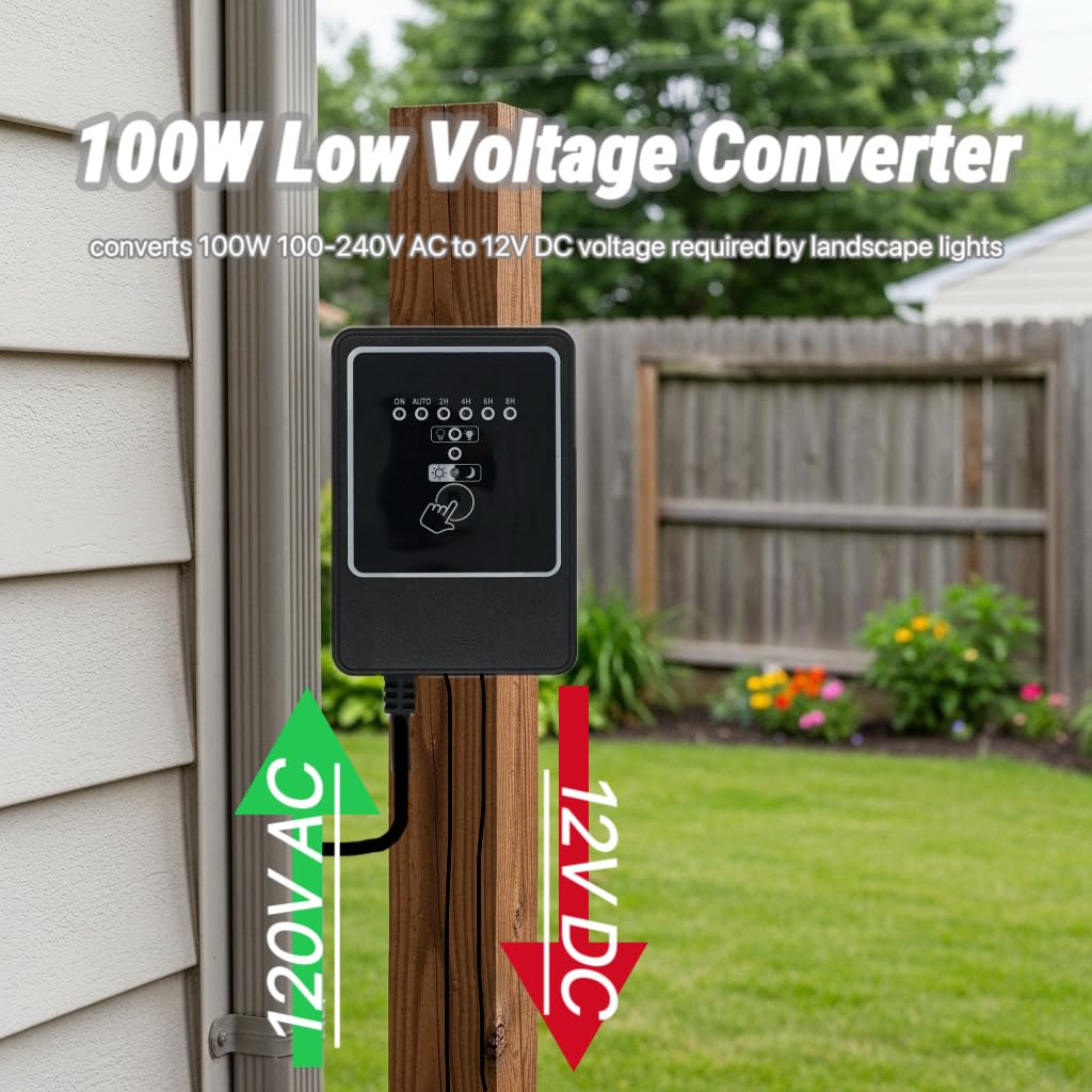 Wohenhao 100W Low Voltage Landscape Transformer, 100-240V AC to 12V DC Transformer with Timer and Photocell, Dusk to Dawn and 2/4/6/8H Countdown Timer
