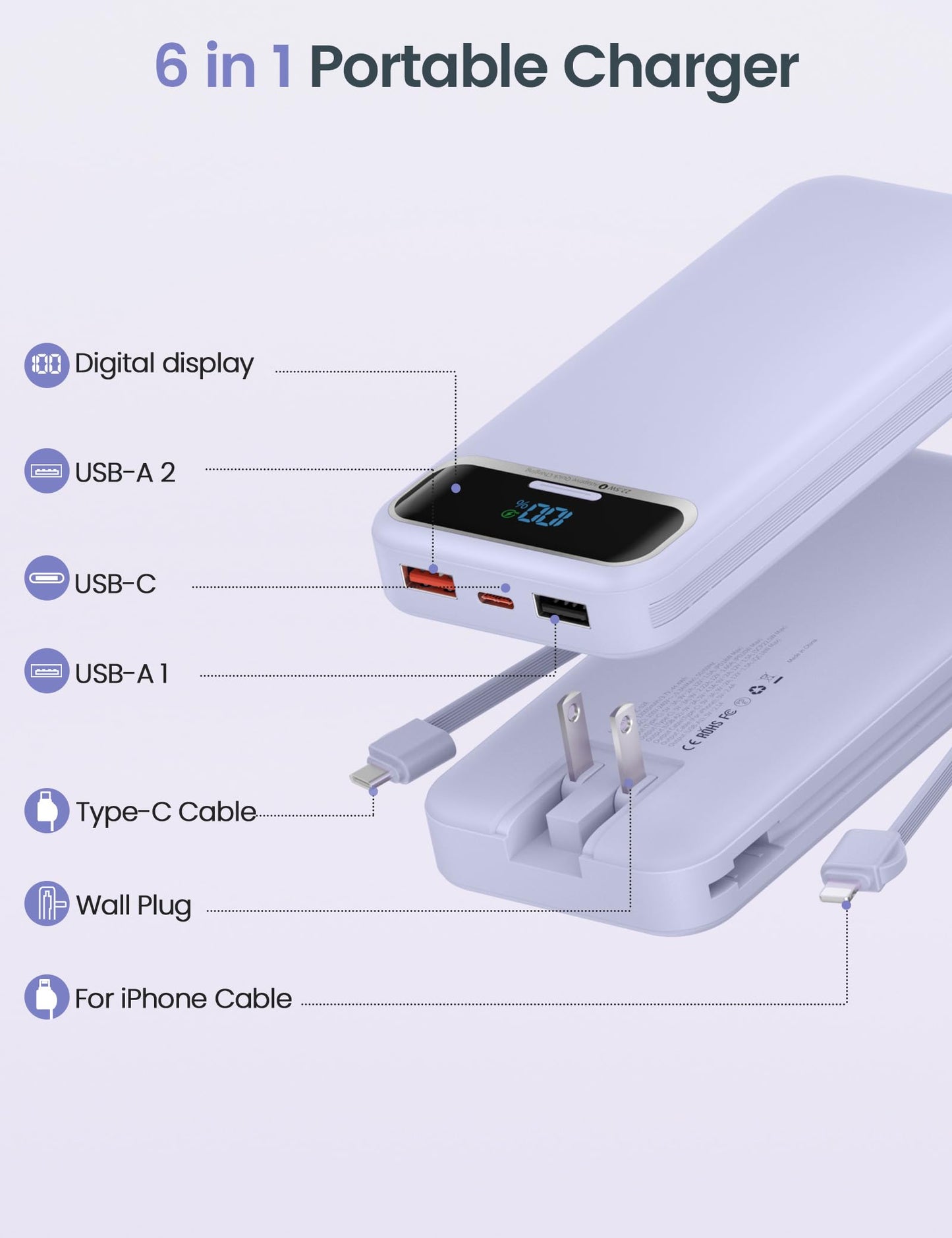 aonidi Portable Charger 12000mAh with Built-in Cables&AC Wall Plug, Purple