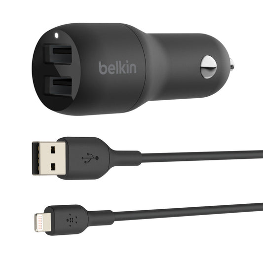 Belkin 24-Watt Dual USB Car Charger - 2 12W USB-A Ports with Lightning Cable - Fast Charging for Apple iPhone, Samsung Galaxy, AirPods, & More - USB-C
