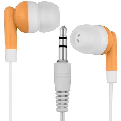 LowCostEarbuds Bulk Pack of 25 Orange/White Earbuds/Headphones - Individually Wrapped