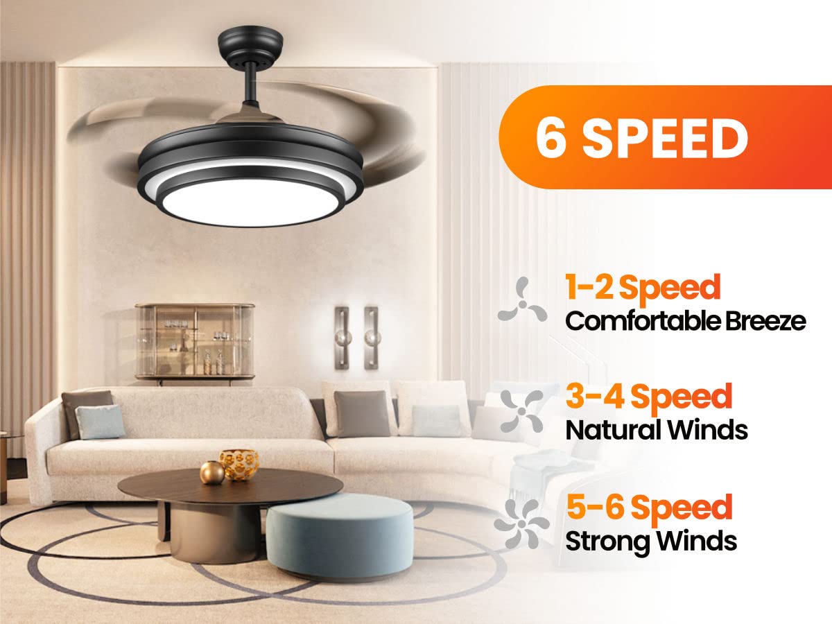 48 Inch Retractable Ceiling Fan with Lights and Remote,Black Fandelier Ceiling Fan with APP Control 6 Speed Dimmable LED Ceiling Fans Silent