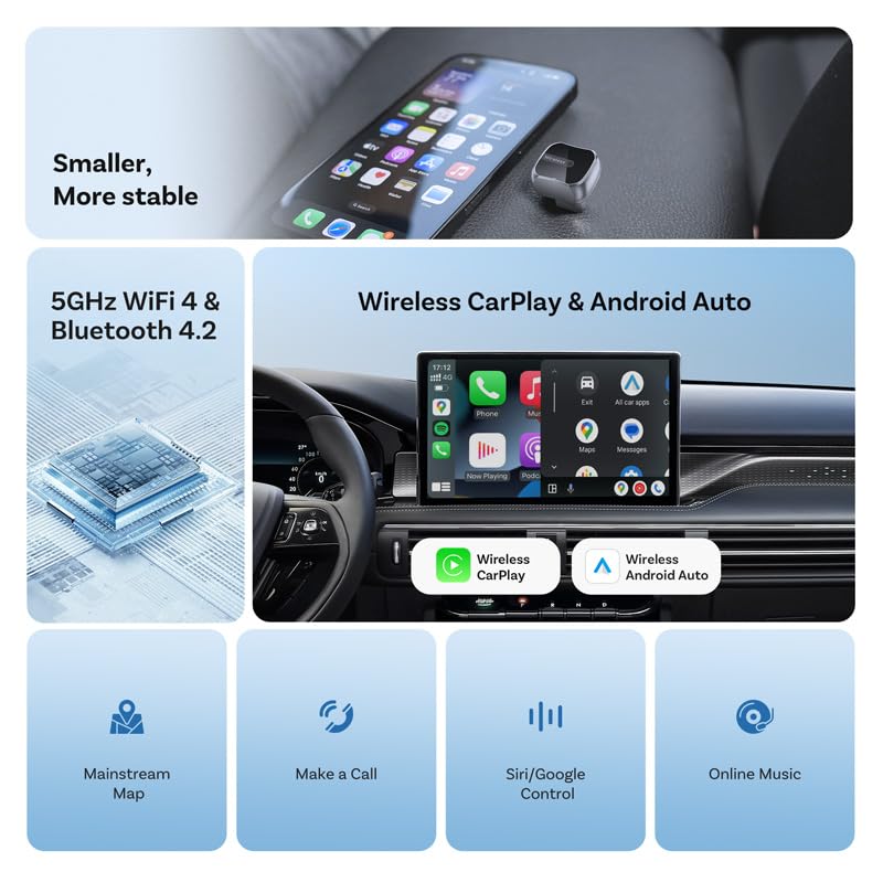 WANDMANICOS Upgraded Wireless CarPlay Adapter for OS 10+ or Android 11, Mini Wired to Wireless Adapter for CarPlay ?Android Auto, Plug and Play