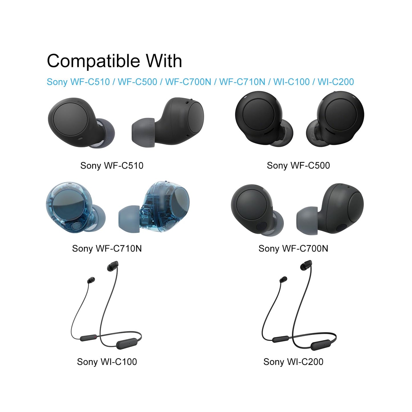Klowcok Replacement Silicone Ear Tips for Sony WF-C700N / WF-C710N / WF-C510 / WF-C500 Wireless Earbuds, Compatible with Sony WI-C100 /WI-C200