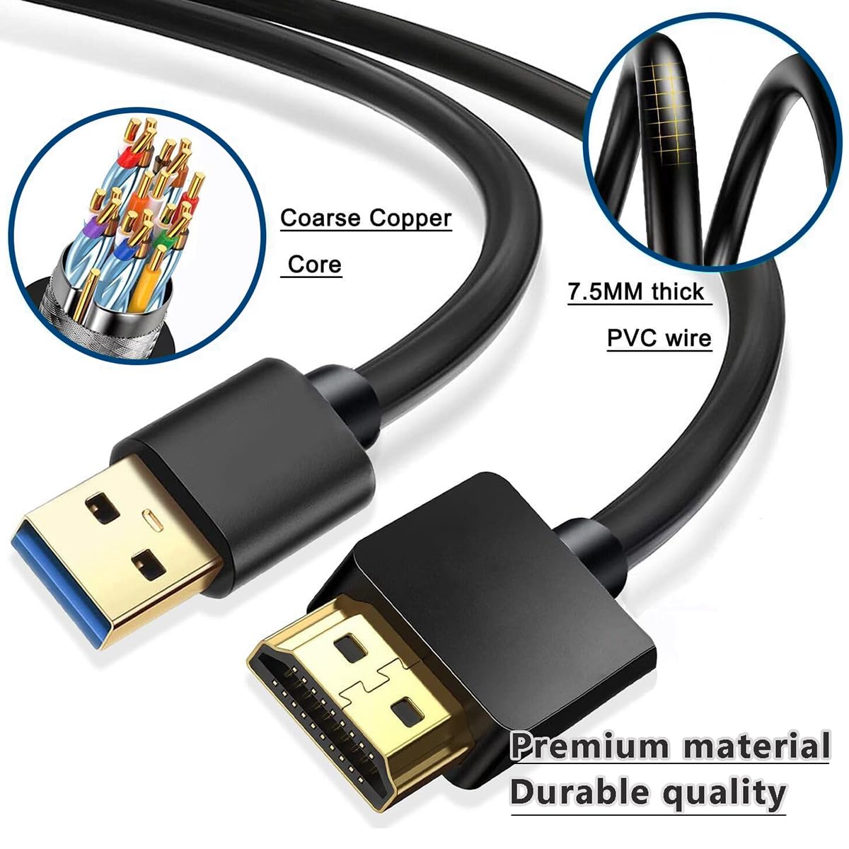 HRIOEKAX USB to HDMI Charger Cable, USB-A to HDMI Male Cord for Monitor/HDTV/DVD Player/Projector, 1.65FT/0.5M, Black