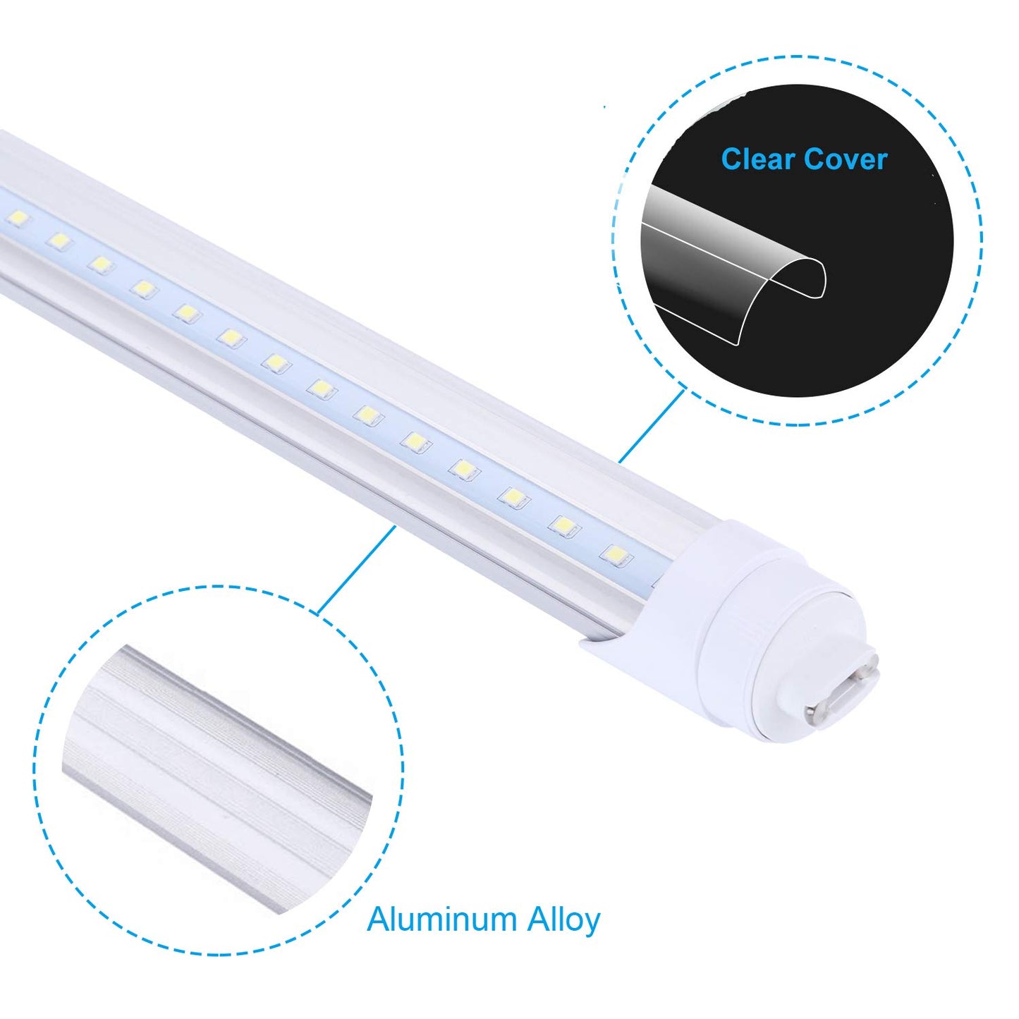 R17D/HO 8FT LED Shop Bulb, Rotating Base LED Tube Light, 6000K Clear Lens, Dual-Ended Power Bulb Lights, Non-dimmable, 2 Pin, Ballast Removed