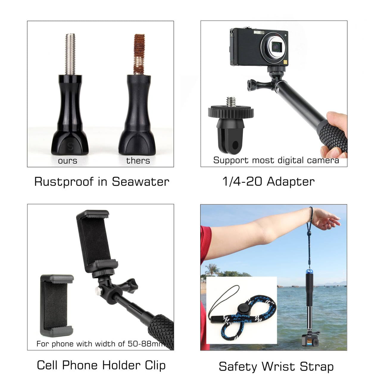 GEPULY 46''Alumium Waterproof Selfie Stick with 1/4 Thread Hole Underwater Pole Handle Grip Monopod for GoPro Hero 13 12 11 Max Insta360 AKASO DJI