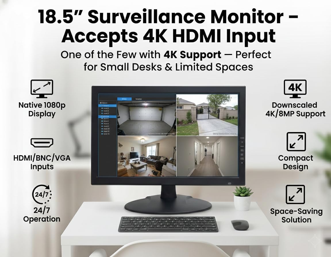 1st Pick Video Inc. 1stPV Precision 18.5" Professional CCTV Security Monitor - Native 1080p Display, Accepts 4K/8MP HDMI Input (Downscaled)