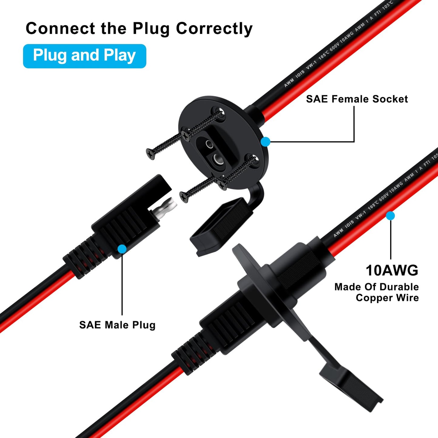 YINGAYOU Fused SAE Power Socket Sidewall Port 10AWG 30A SAE Sidewall with Inline Fuse and O Rings 8mm Solar Power Socket Sidewall for Charging