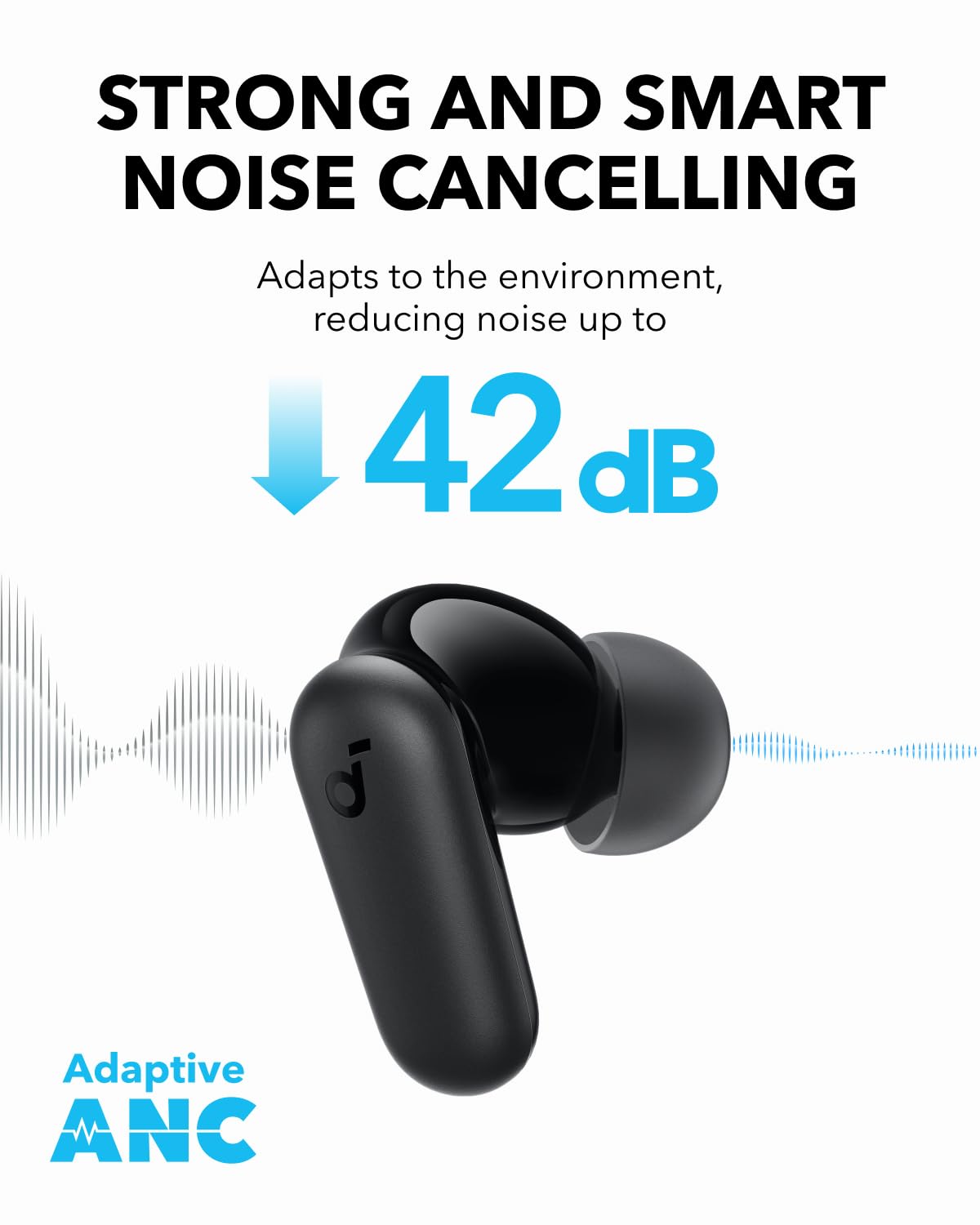Soundcore P30i by Anker Noise Cancelling Earbuds, Strong and Smart Noise Cancelling, Powerful Bass, 45H Playtime, 2-in-1 Case and Phone Stand, IP54