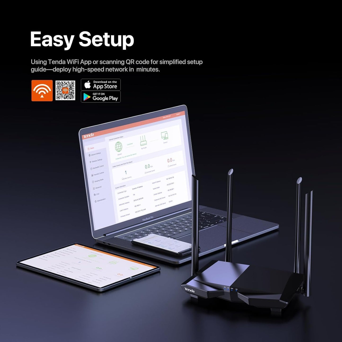 Tenda AC1200 Smart WiFi Router, High Speed Dual Band Wireless Internet Router with Smart APP, 4 x 100 Mbps Fast Ethernet Ports, Supports Guest WiFi