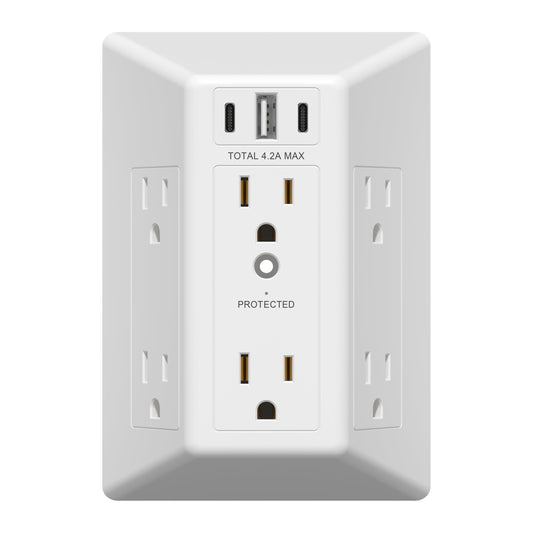 LIDER 6 Outlet Surge Protector Extender with 20W 4.2A 3 USB Type A/C Chargers, 1500 Joules, Multi Plug Wall Charger for Home Office, UL-Listed, White