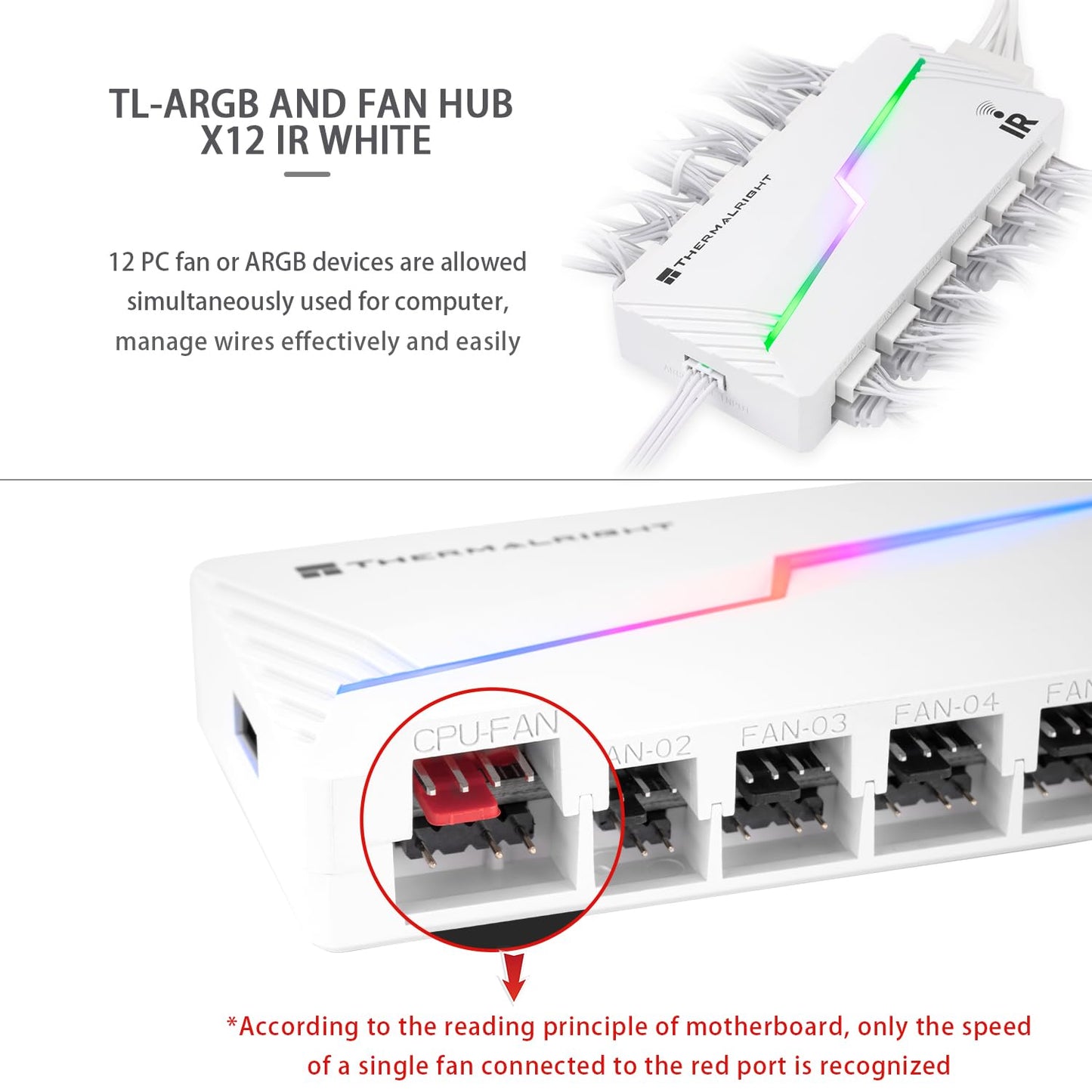 Thermalright ARGB and Fan HUB X12 IR White Hub Controller Support 12 Groups of CPU Fans,3Pin PC ARGB Controller and 4Pin PWM Fan,SATA Power Cord